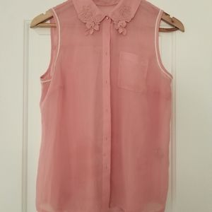 Button-up Light Pink Blouse w/Floral Lace Collar